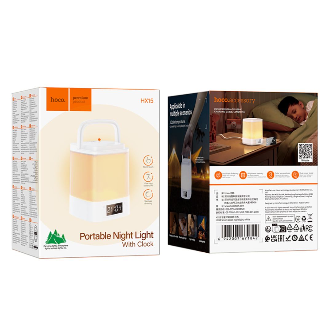 Lámpara LED Recargable Hoco HX15 con Reloj Digital 3 Tonos de Luz USB-C y Control Táctil