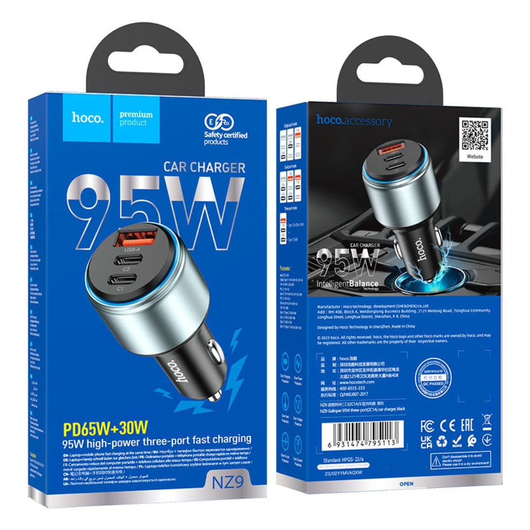 Cargador para Auto Hoco NZ9 95W PD USB-C Triple Puerto para Laptop y Celular
