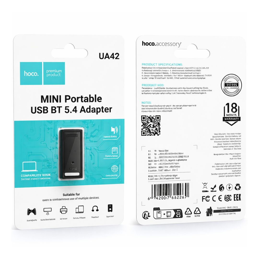 Adaptador USB Bluetooth 5.4 Hoco Mini Portátil para PC Laptop Audífonos Teclado Mouse e Impresora