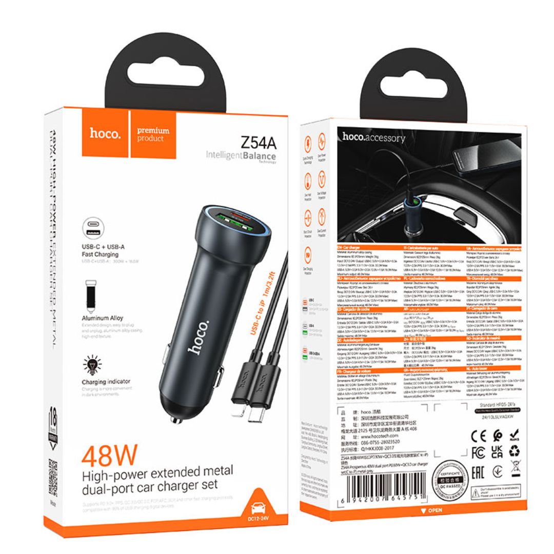 Cargador para Auto Hoco Z54A 48W USB-C PD 30W USB-A 18W con Cable Tipo C