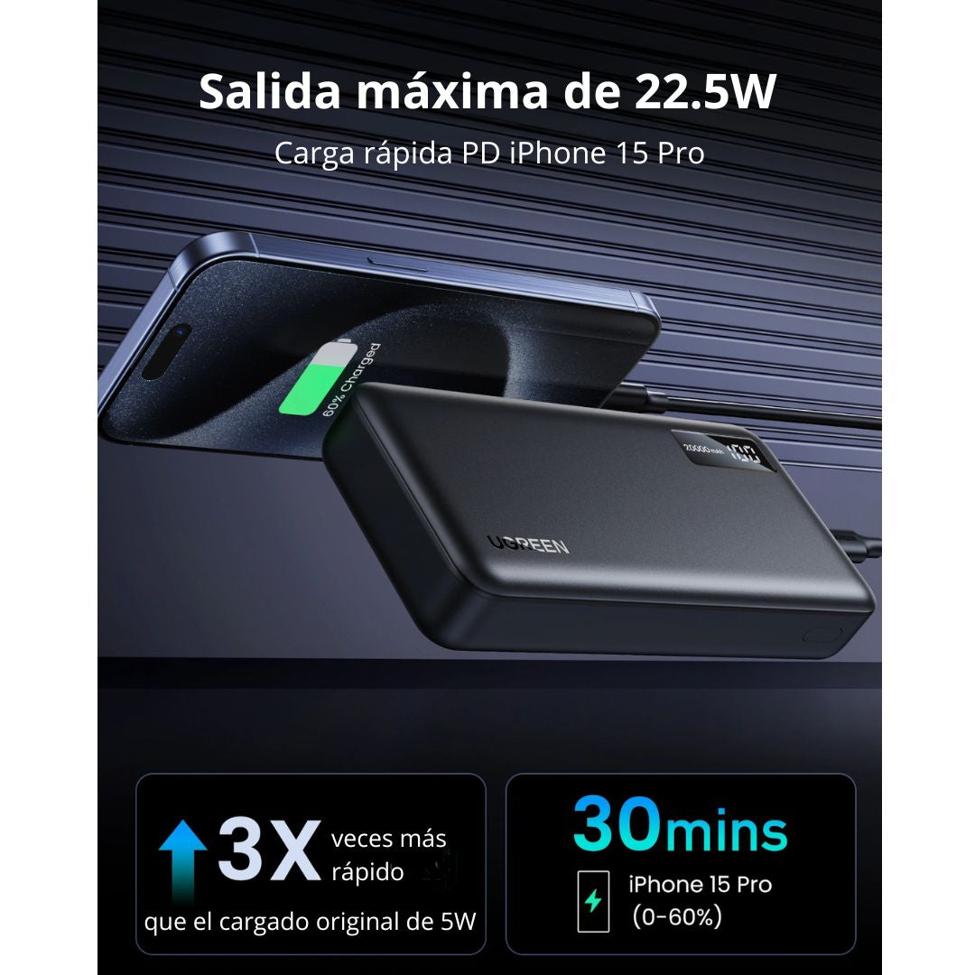 Power Bank UGREEN PB312 20000 mAh 20W PD Carga Rápida USB-C y USB-A