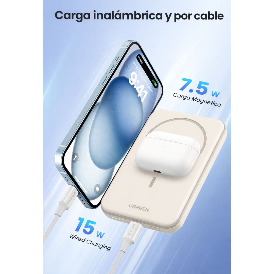 Power Bank Magnético UGREEN 5000mAh 15W USB-C Carga Inalámbrica Qi para iPhone PB560