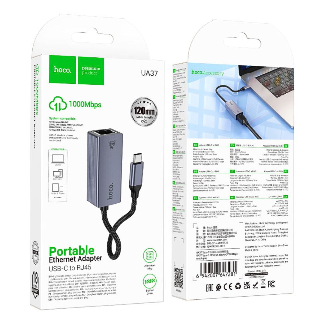 Adaptador Tipo C a RJ45 Hoco UA37 Ethernet Gigabit 1000 Mbps para Laptop, Tablet y Celular