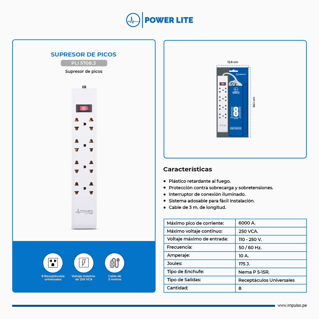 Supresor de Picos Power Lite PLI 5708.3 8 Tomas Cable 3m