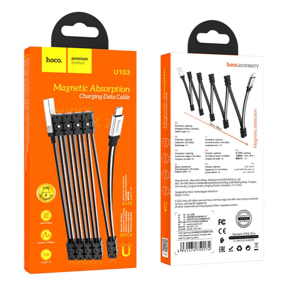 Cable USB-A a Lightning Hoco U103 para iPhone 2.4A 1m Magnético Antienredos