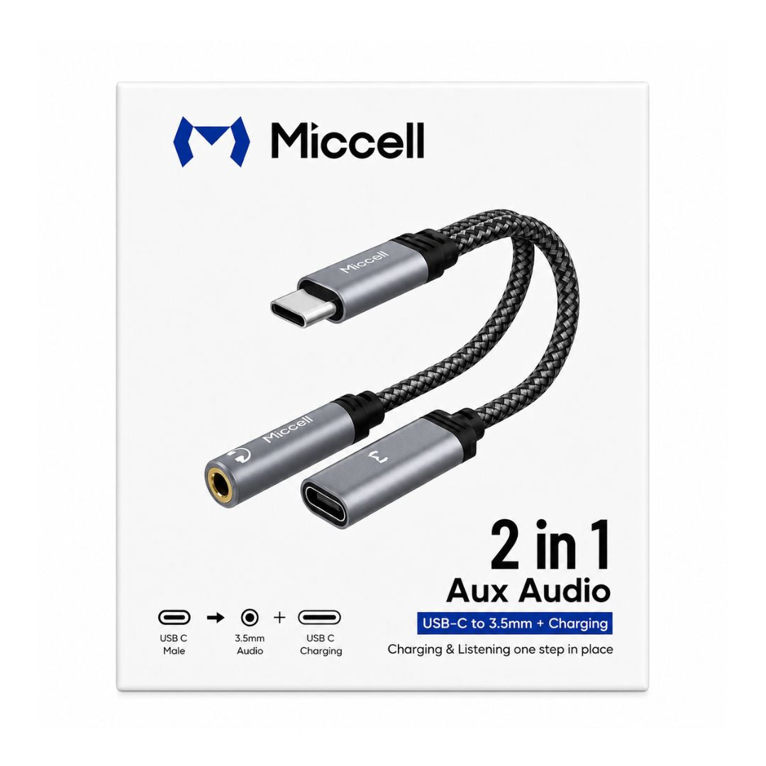 Adaptador USB-C a Jack 3.5mm y Carga USB-C Miccell 2 en 1 para Smartphone y Tablet
