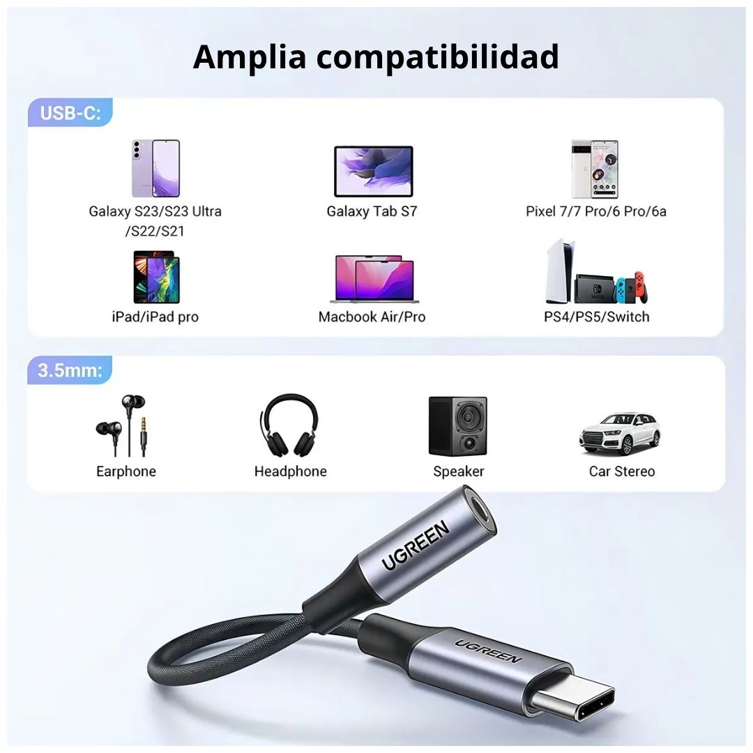 Adaptador USB-C a Jack 3.5mm UGREEN AV161 para Audífonos y Micrófono