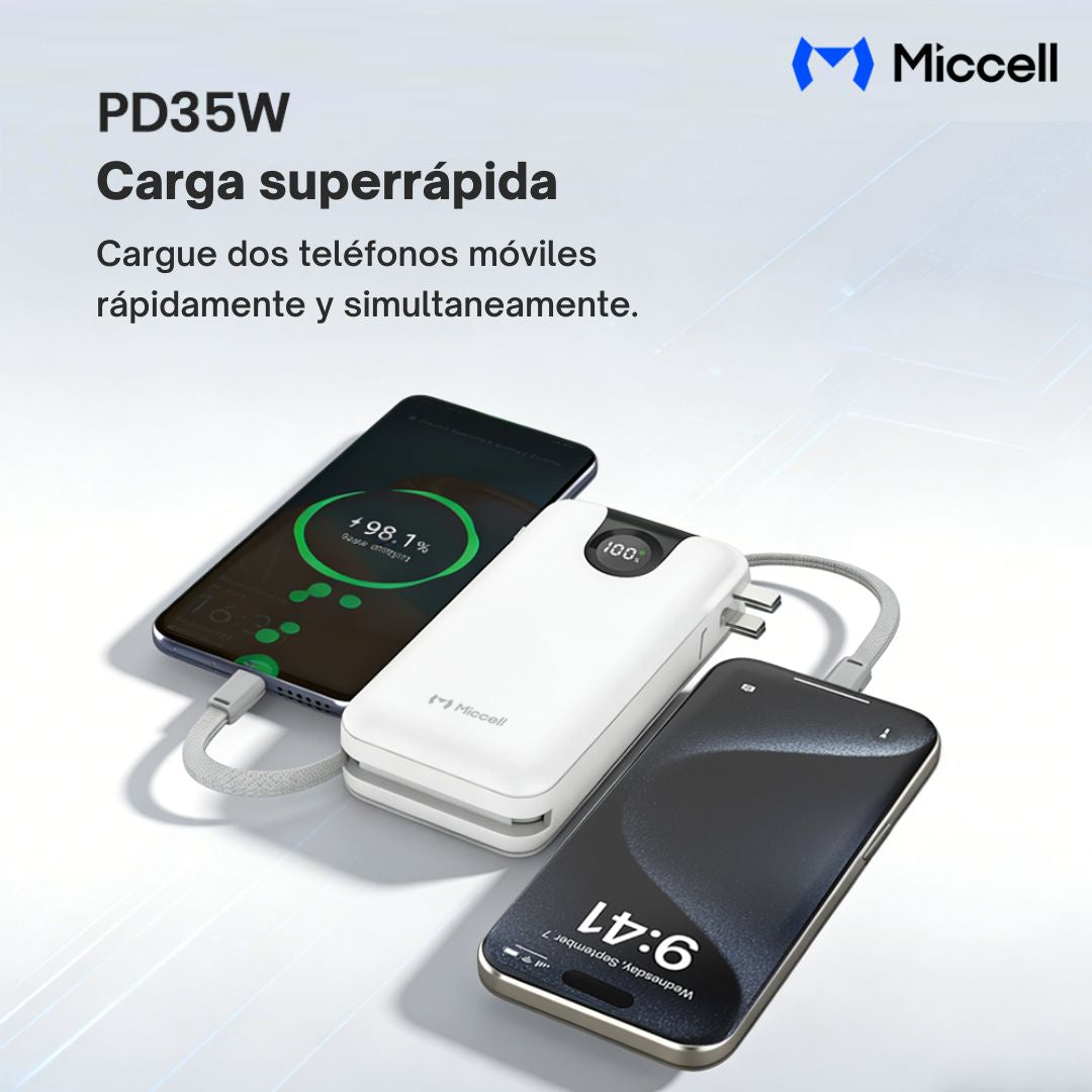 Power Bank 20000mAh 35W Carga Rápida con Cables Integrados USB-C Lightning Miccell VQ-P59