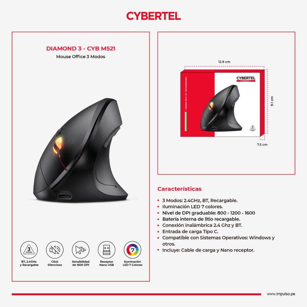 Mouse Vertical Ergonómico Cybertel M521 Bluetooth 2.4GHz Recargable