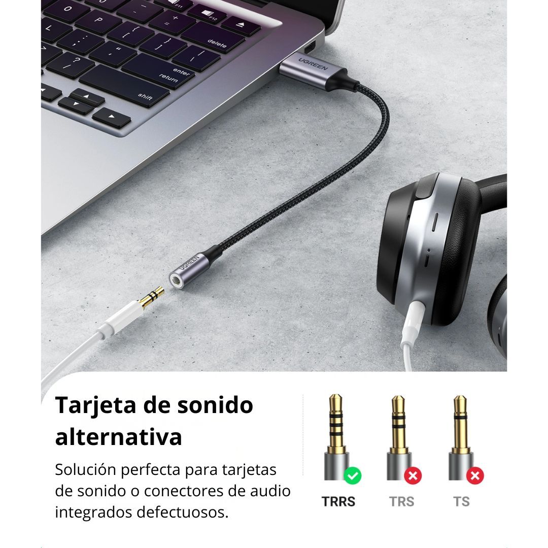 Adaptador de Audio USB UGREEN CM477 a Jack 3.5mm para Audífonos y Micrófono