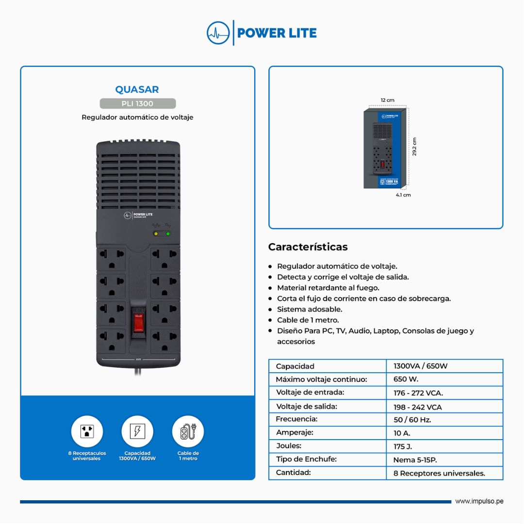 Estabilizador de Voltaje Power Lite PLI 1300 1300VA 650W 8 Tomas
