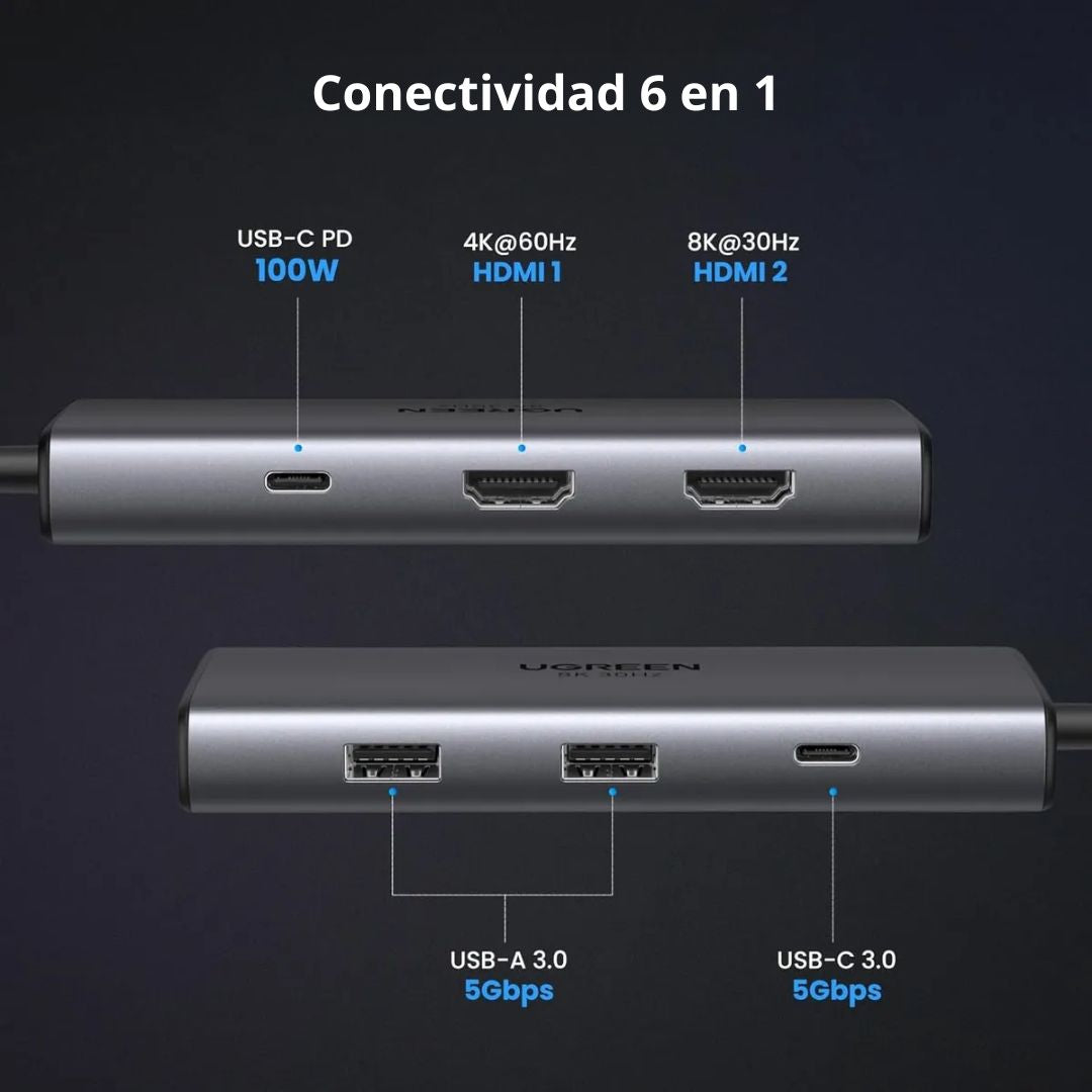 Hub USB-C UGREEN 6 en 1 Dual HDMI 8K 30Hz 4K 60Hz 100W para Laptop CM498