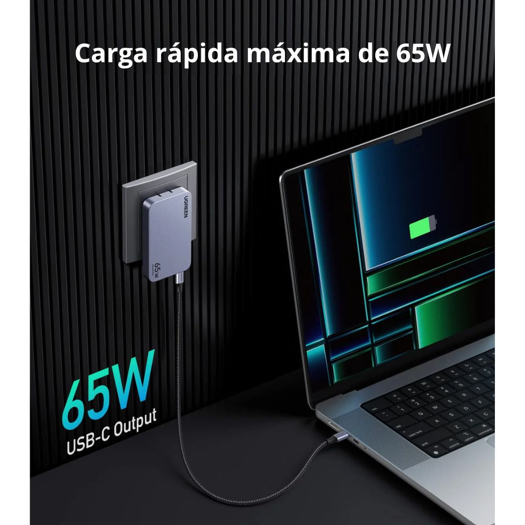 Cargador Rápido GaN UGREEN Nexode Pro 65W Ultra Slim con 2 USB-C y 1 USB-A para Laptop y Celular