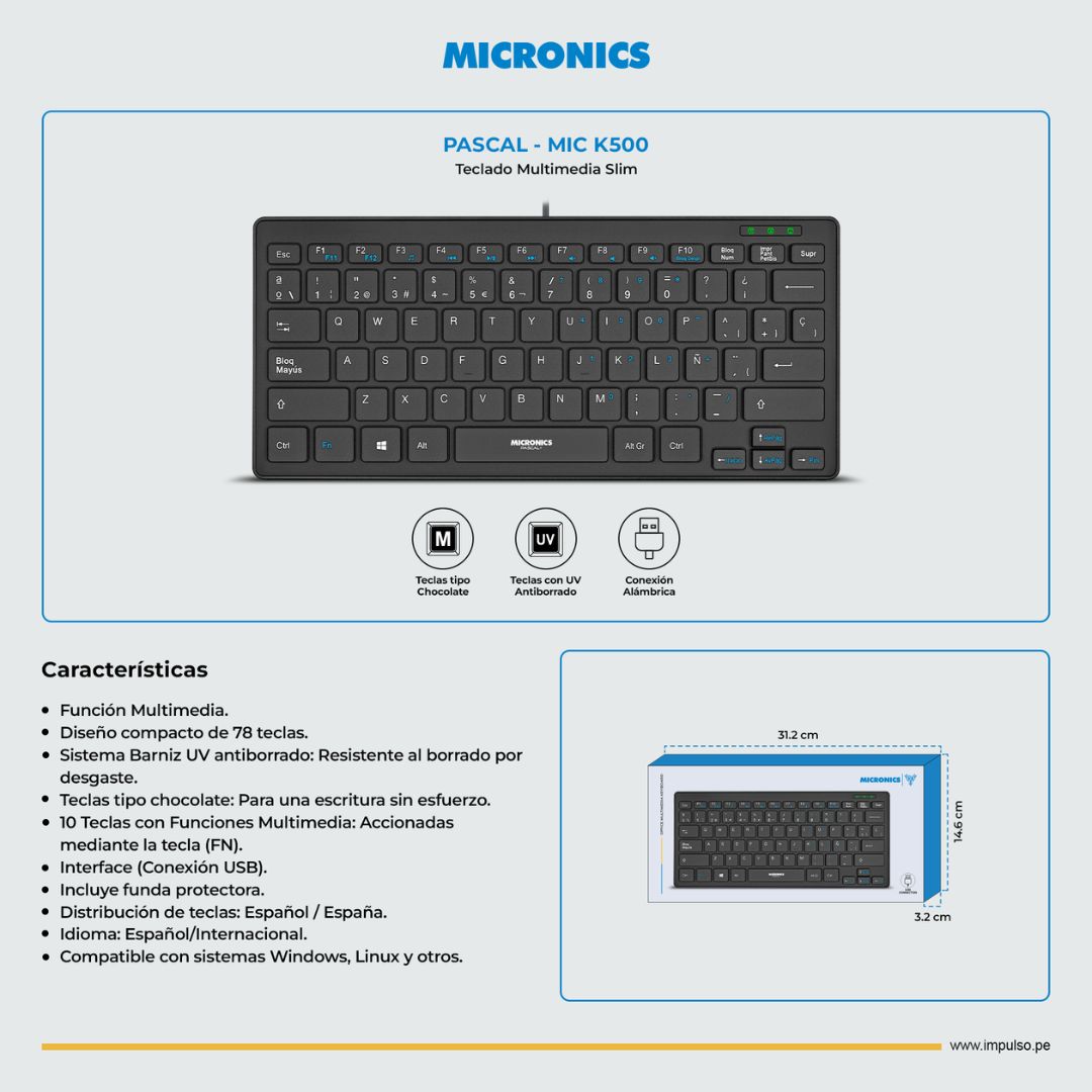 Teclado USB Slim Micronics Pascal+ MICK500 Español con Protector de Silicona