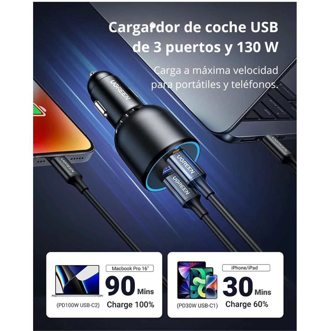 Cargador para Auto UGREEN EC705 130W 3 Puertos PD con Cable USB-C 100W