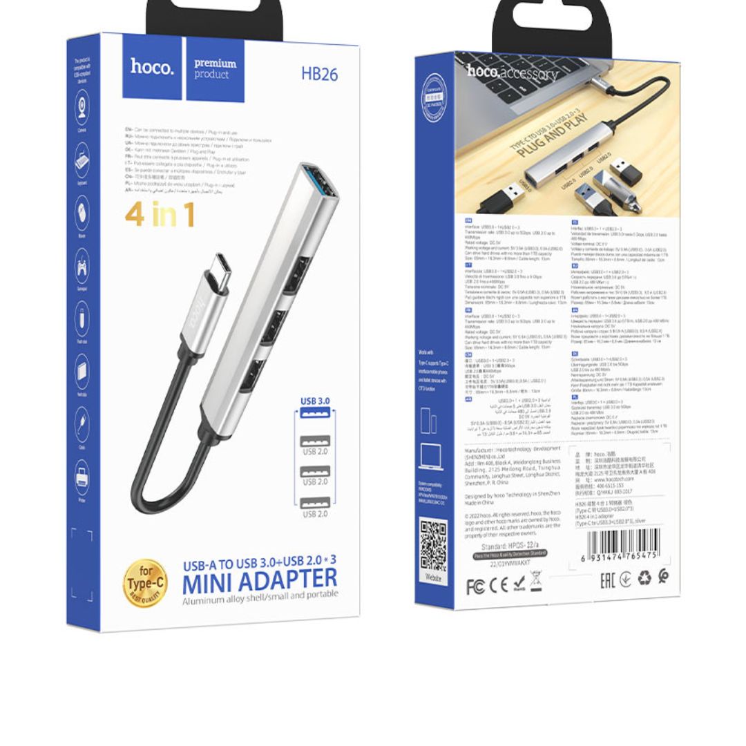 Hub USB-C Hoco HB26 4 en 1 con USB 3.0 y 3 USB 2.0 OTG para Laptop y Celular