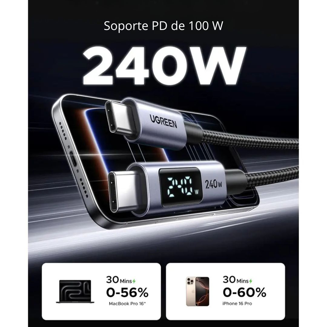 Cable USB-C a USB-C UGREEN L530 240W 1m Pantalla Digital Carga Rápida PD Trenzado