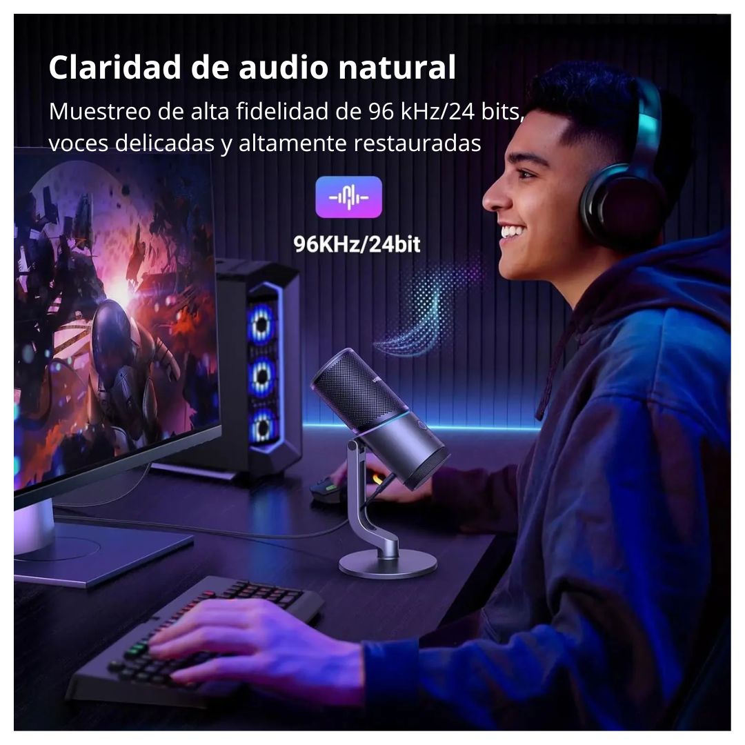 Micrófono Gamer USB UGREEN CM769 RGB Cardioide 24bit 96kHz para Streaming y Podcast