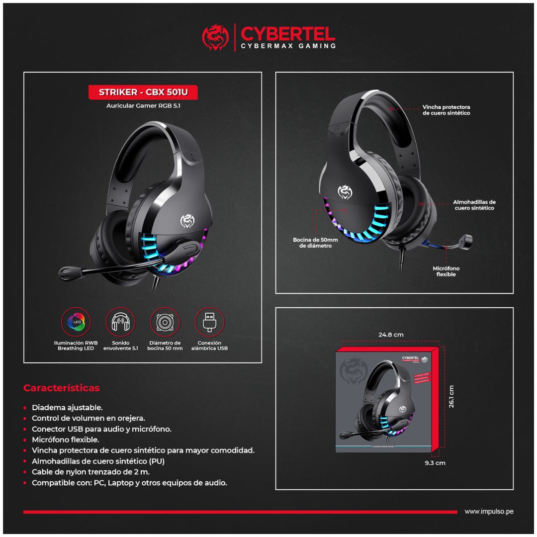 Audífonos Gamer Cybertel CBX 501U USB 5.1 RGB Drivers 50mm