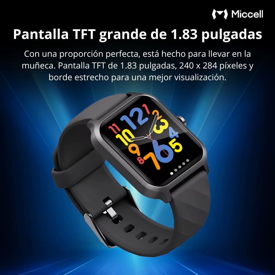 Smartwatch Pantalla 1.83" HD Llamadas Bluetooth Monitoreo de Salud IP68 Miccell VQ-SM02