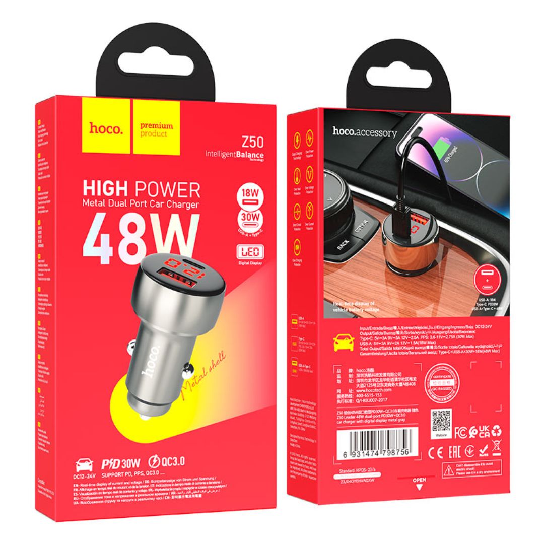 Cargador para Auto Hoco Z50 48W USB-C PD 30W USB-A 18W con Pantalla LED