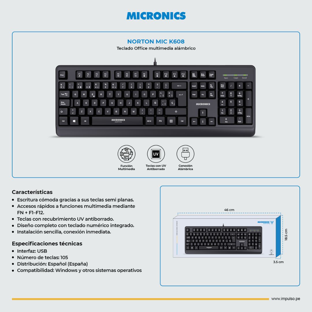 Teclado Cableado USB Micronics Norton K608 Español 105 Teclas con Teclado Numérico