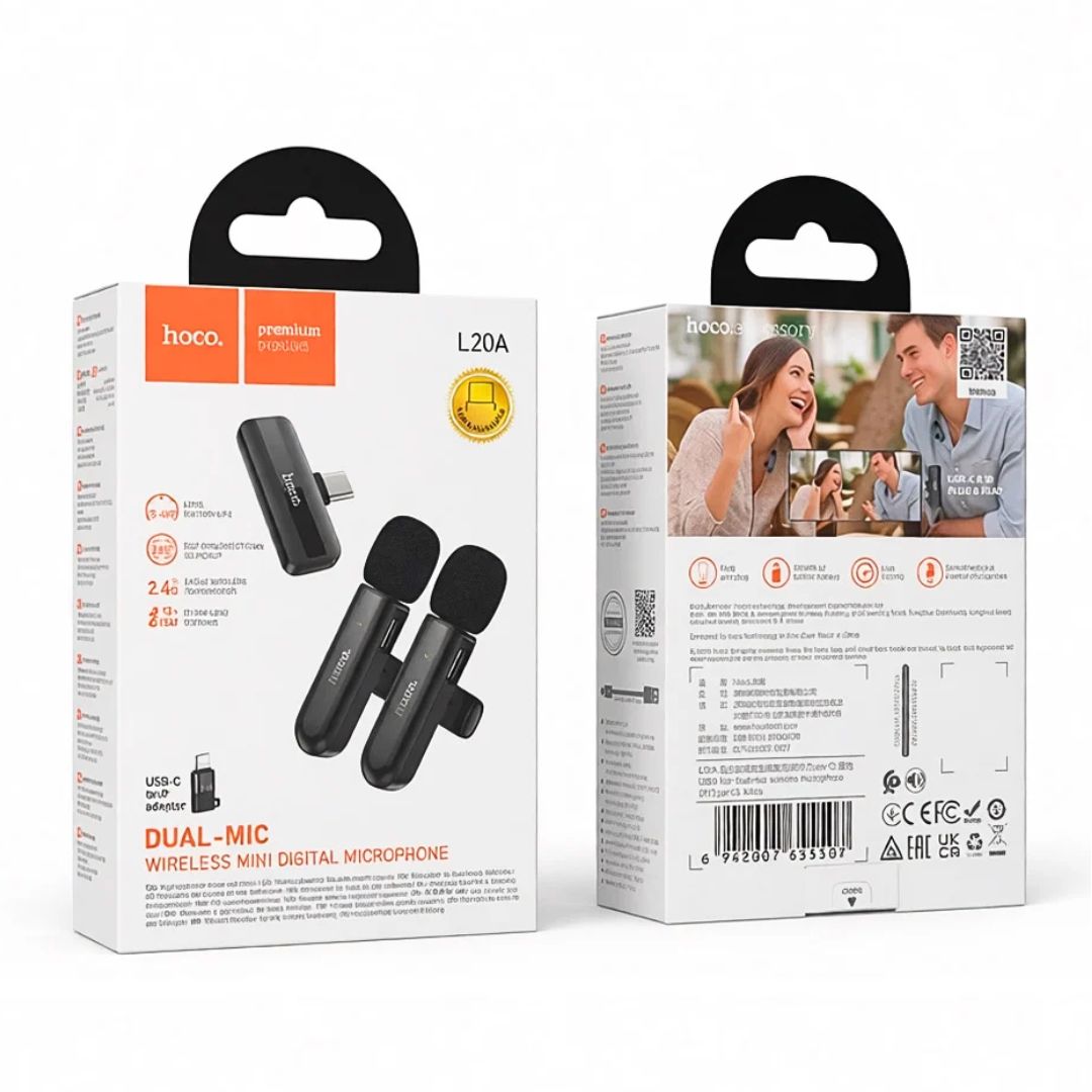 Micrófono Solapero Inalámbrico Doble Hoco L20A USB-C y Lightning para Celular con Reducción de Ruido