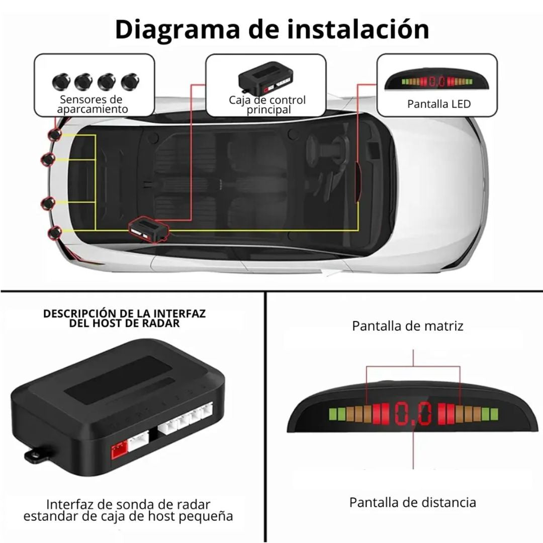 Sensor de Retroceso con Pantalla LED y Alarma Sonora Ultrasónica para Estacionamiento