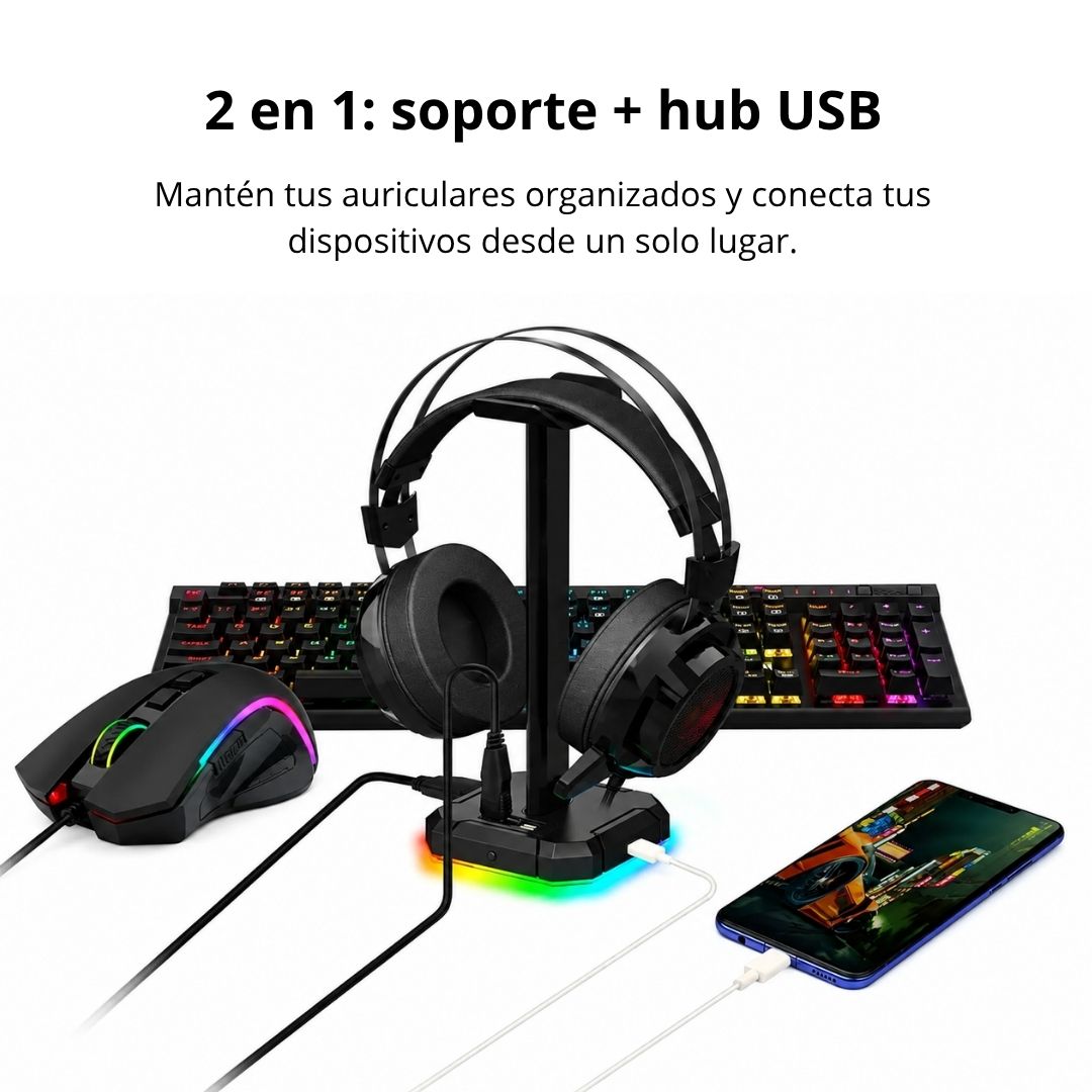 Soporte para Audífonos Gamer Redragon Scepter Pro RGB Hub USB 4 Puertos