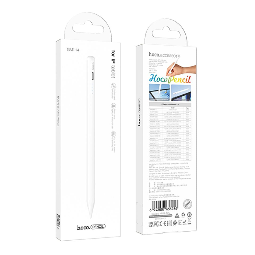 Lápiz Capacitivo para iPad Hoco GM114 con Rechazo de Palma, Detección de Inclinación, Fijación Magnética y Carga USB-C