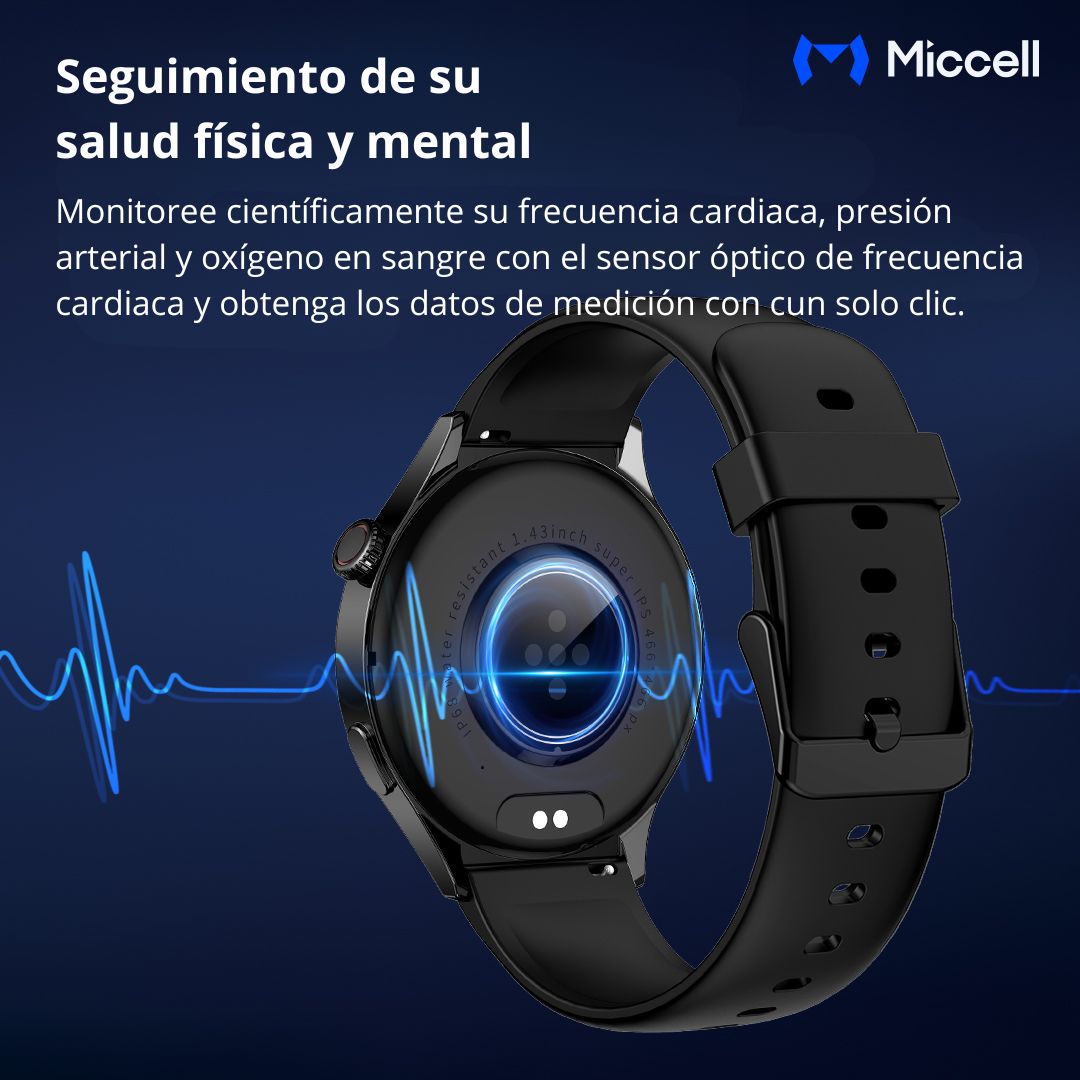 Smartwatch AMOLED 1.43" Llamadas Bluetooth Monitoreo de Salud IP68 Miccell VQ-SM03