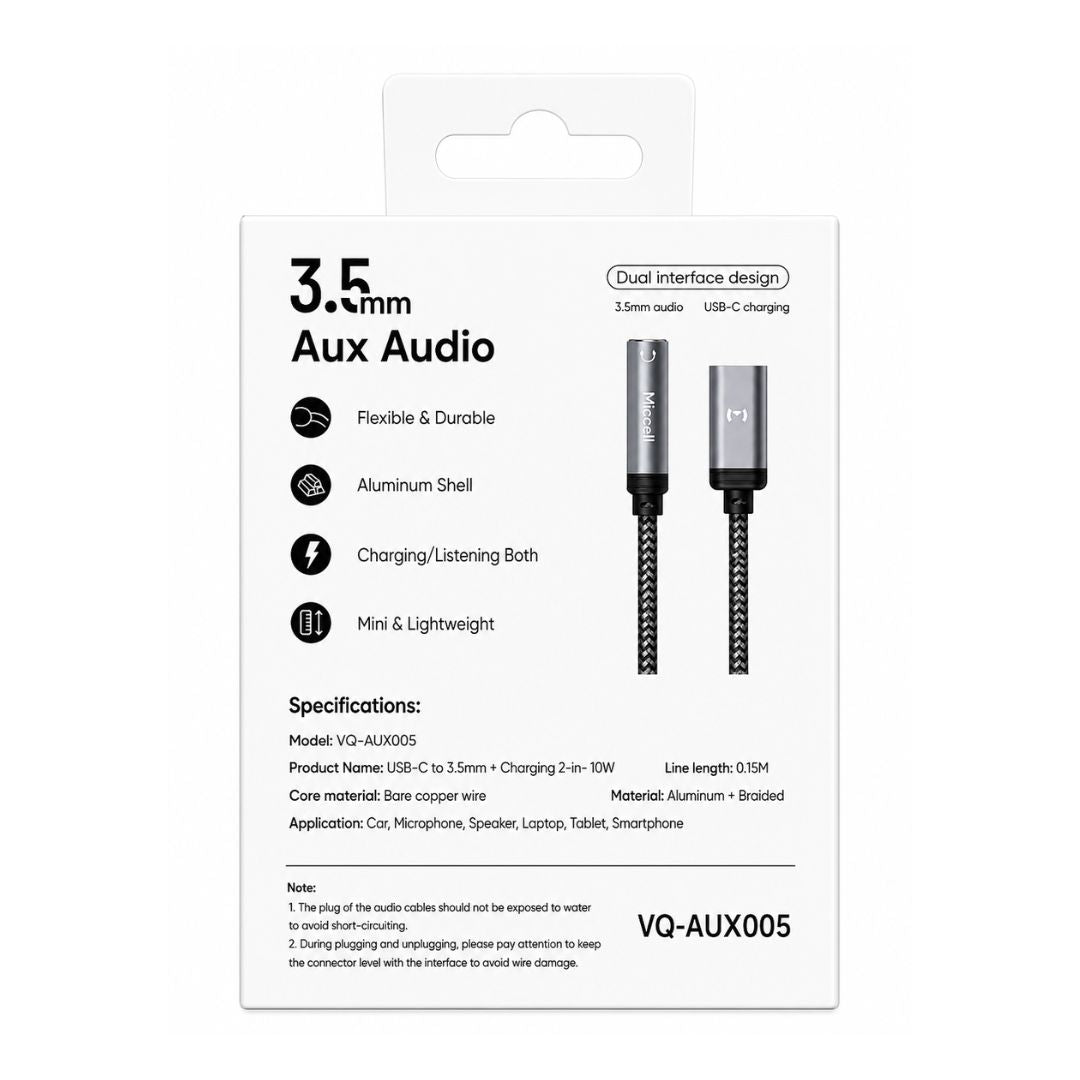 Adaptador USB-C a Jack 3.5mm y Carga USB-C Miccell 2 en 1 para Smartphone y Tablet