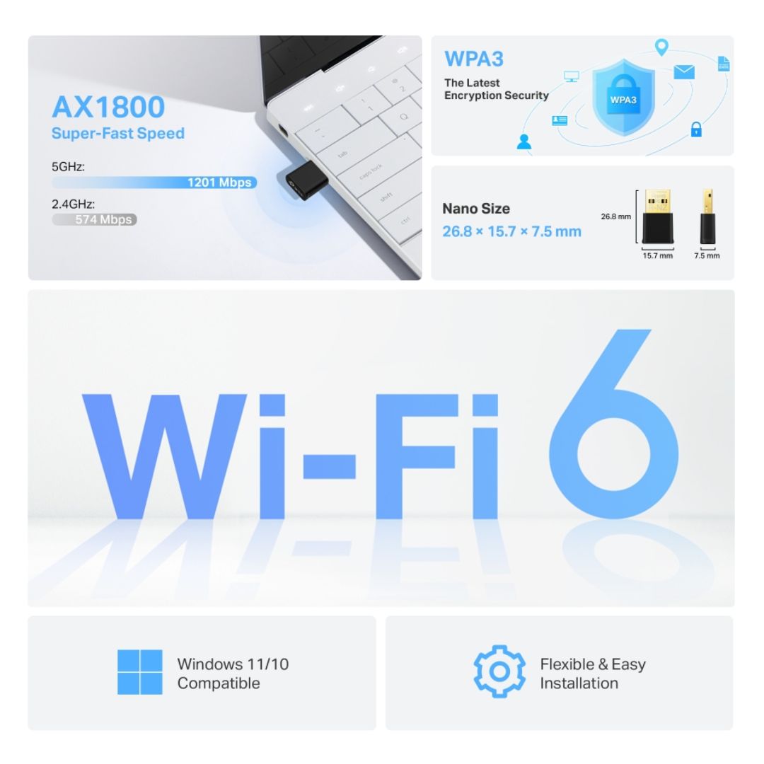 Adaptador USB WiFi 6 TP-Link Archer TX20U Nano AX1800 Doble Banda para PC y Laptop