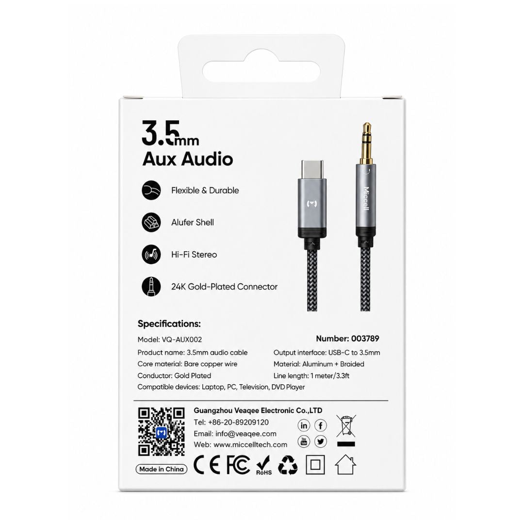Cable Auxiliar USB-C a 3.5mm Miccell Hi-Fi Trenzado con Conectores Dorados de 1 Metro