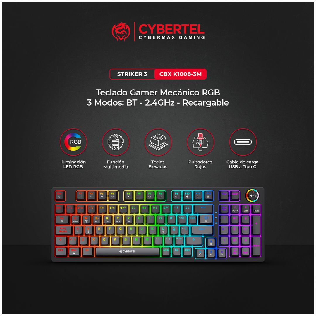 Teclado Gamer Mecánico Cybertel K1008-3M RGB Bluetooth 2.4G