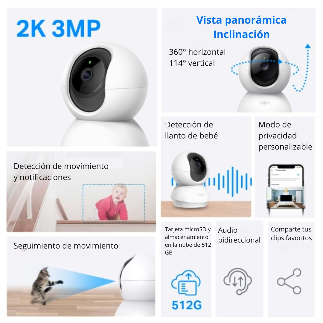 Cámara de Seguridad WiFi TP-Link Tapo C210 2K 3MP 360° con Visión Nocturna y Detección de Movimiento
