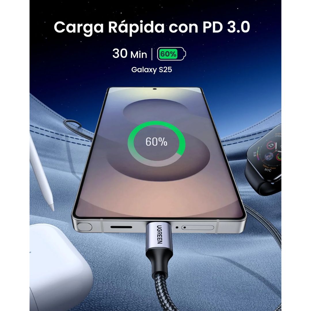 Cable USB-C a USB-C UGREEN US261 60W 1m Carga Rápida PD Trenzado
