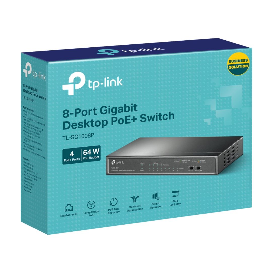Switch PoE Gigabit 8 Puertos TP-Link TL-SG1008P 4 PoE+ 64W para Cámaras IP