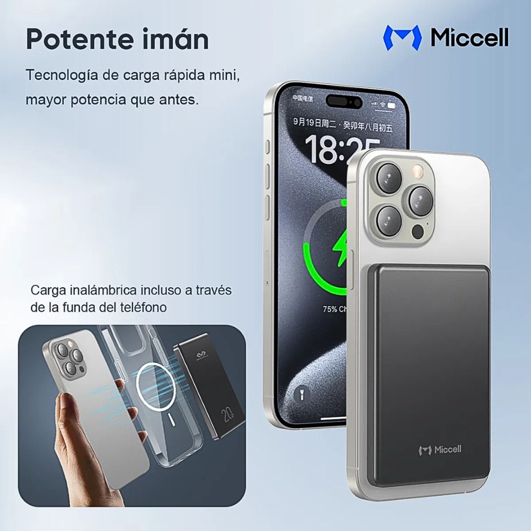 Power Bank Magnético 5000mAh 20W Carga Rápida Inalámbrica 15W USB-C Miccell VQ-P31