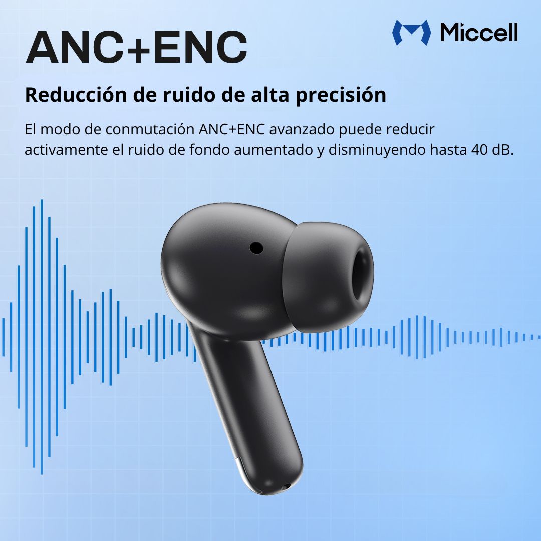 Audífonos Bluetooth ANC ENC Cancelación de Ruido BT 5.4 Estuche de Carga Miccell VQ-BH15