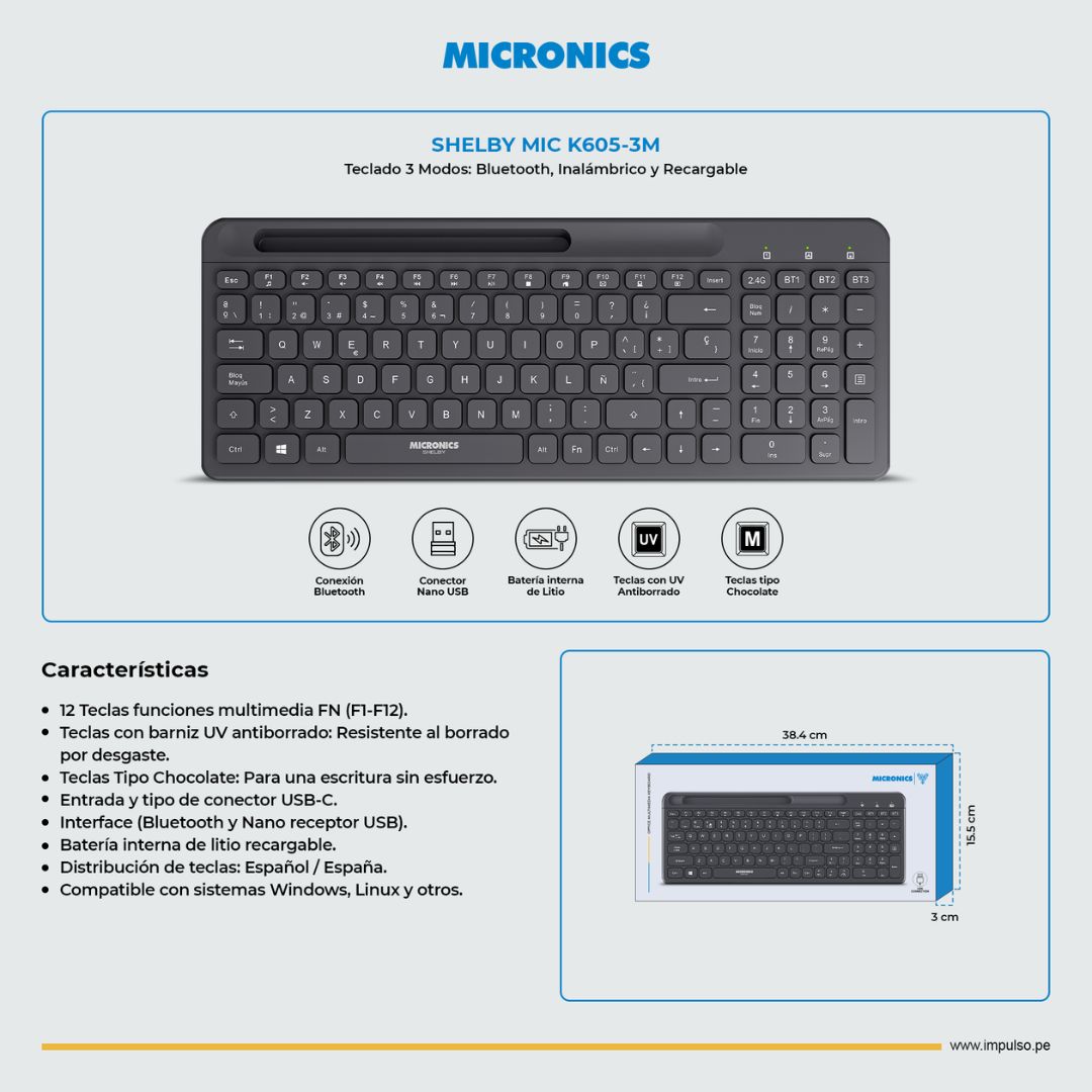 Teclado Inalámbrico Micronics Shelby K605-3M Bluetooth 2.4GHz Recargable Español