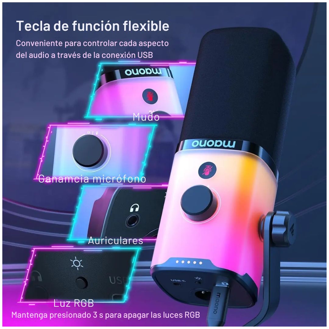 Micrófono Maono PD100X Dinámico USB-C XLR RGB para Streaming