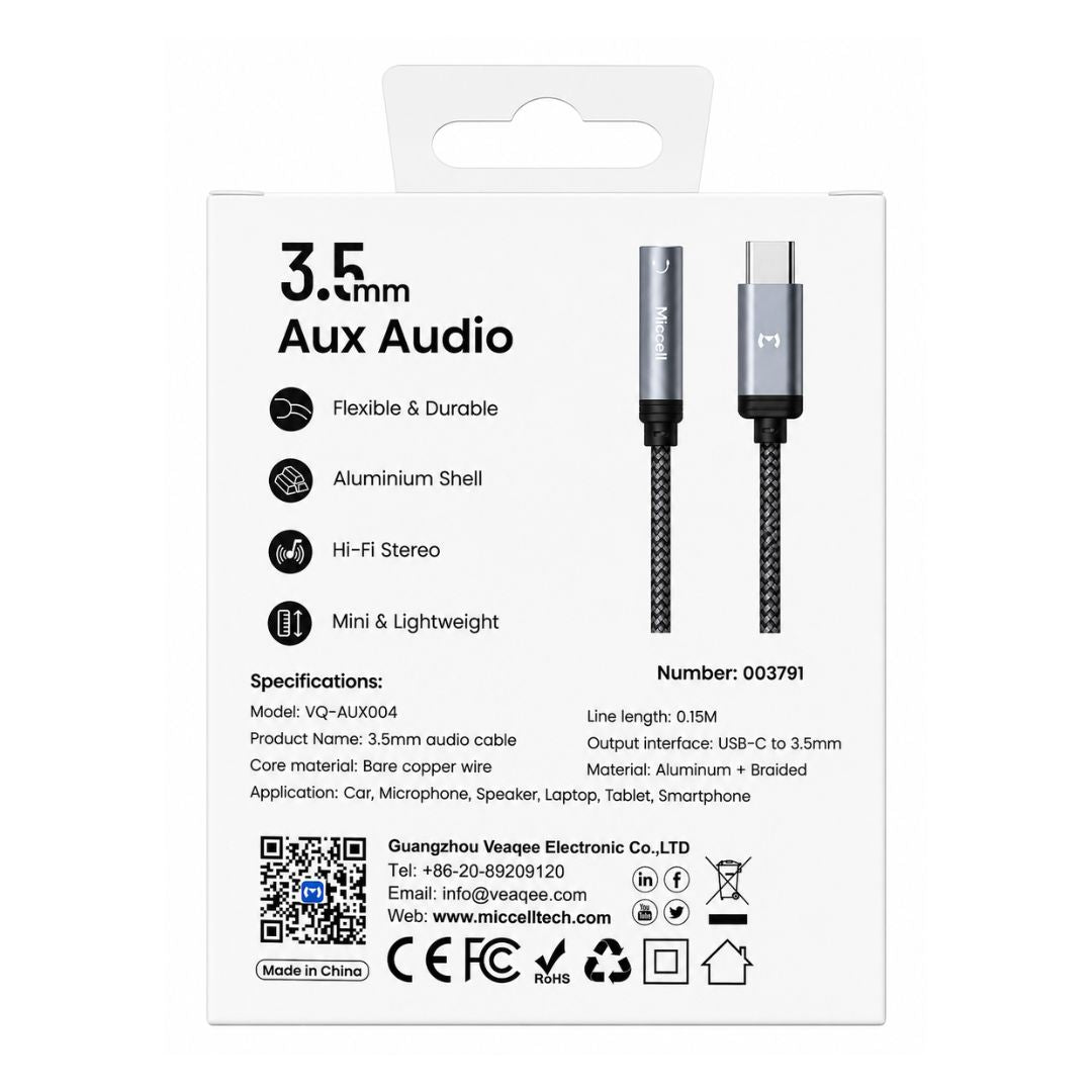 Adaptador de Audio USB-C a 3.5mm Miccell Hi-Fi para Smartphone, Tablet y Laptop
