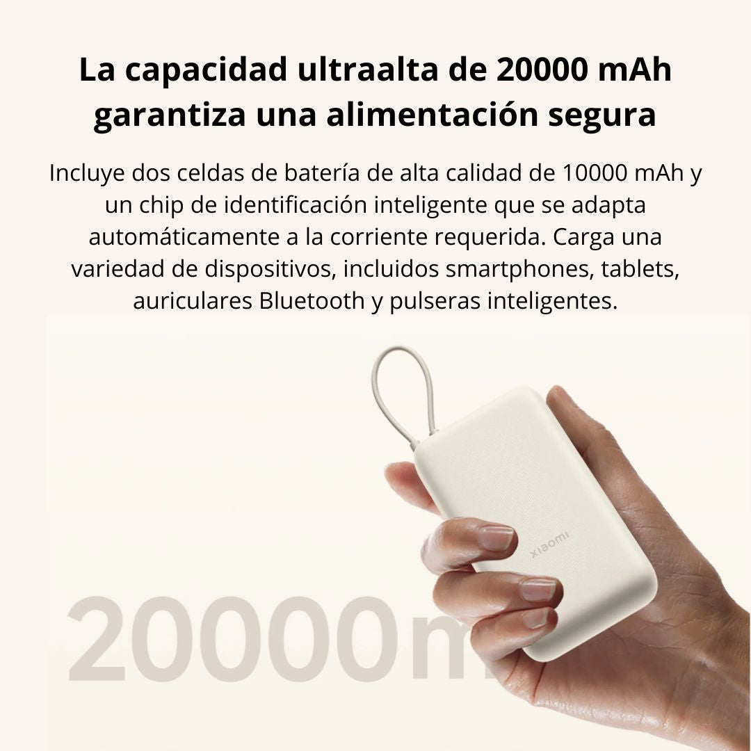 Power Bank Xiaomi 20000mAh 33W con Cable USB-C Integrado y Carga Rápida