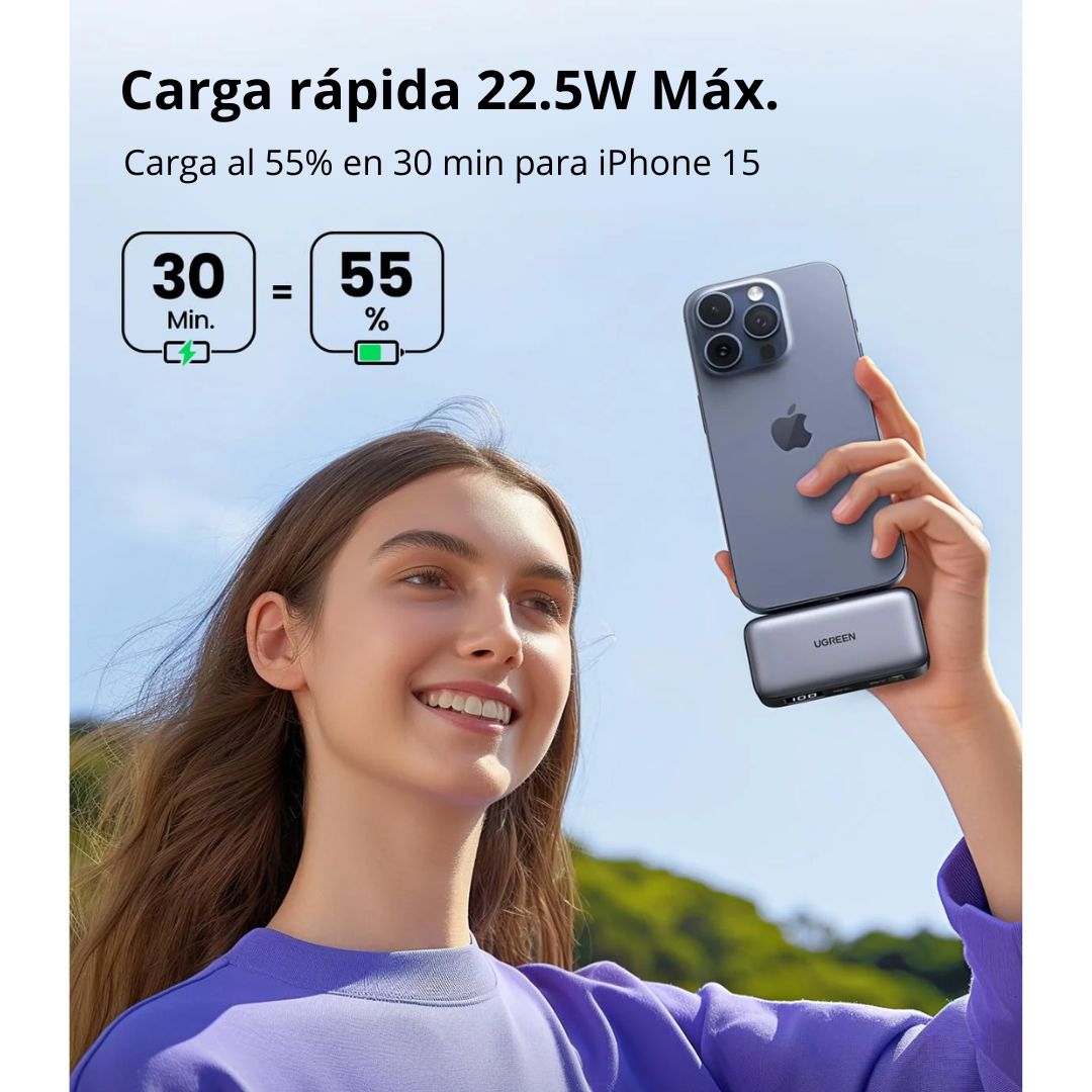 Power Bank 5000mAh UGREEN PB503 20W Carga Rápida con USB-C Integrado y Soporte
