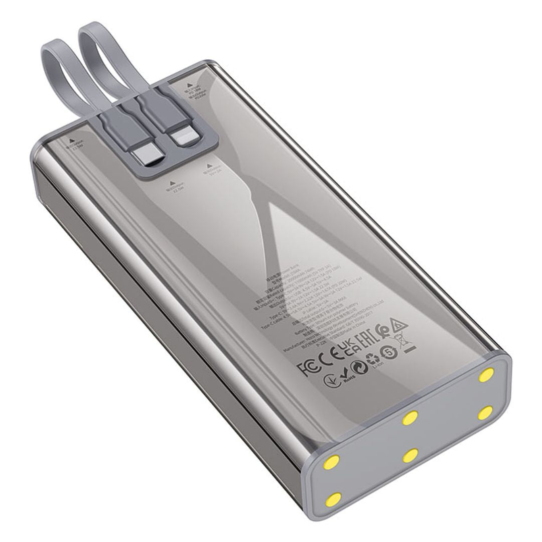Power Bank 20000 mAh Hoco J104A con Carga Rápida 22.5W Pantalla LED Cables Integrados y USB-C