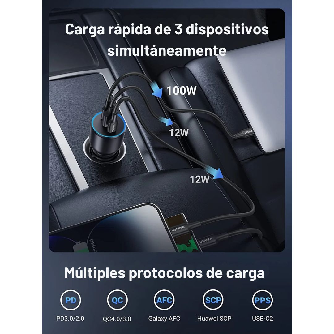 Cargador para Auto UGREEN EC705 130W 3 Puertos PD con Cable USB-C 100W