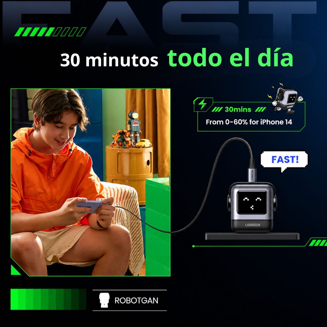 Cargador UGREEN Uno RG CD359 30W USB-C GaN Carga Rápida Robot