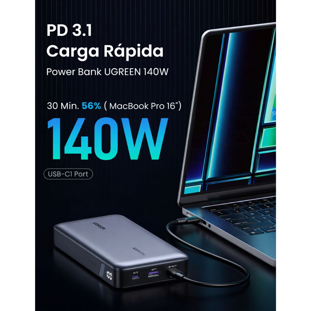 Power Bank UGREEN 25000mAh 145W PD 3.1 USB-C Carga Rápida para Laptop MacBook y Celular PB205