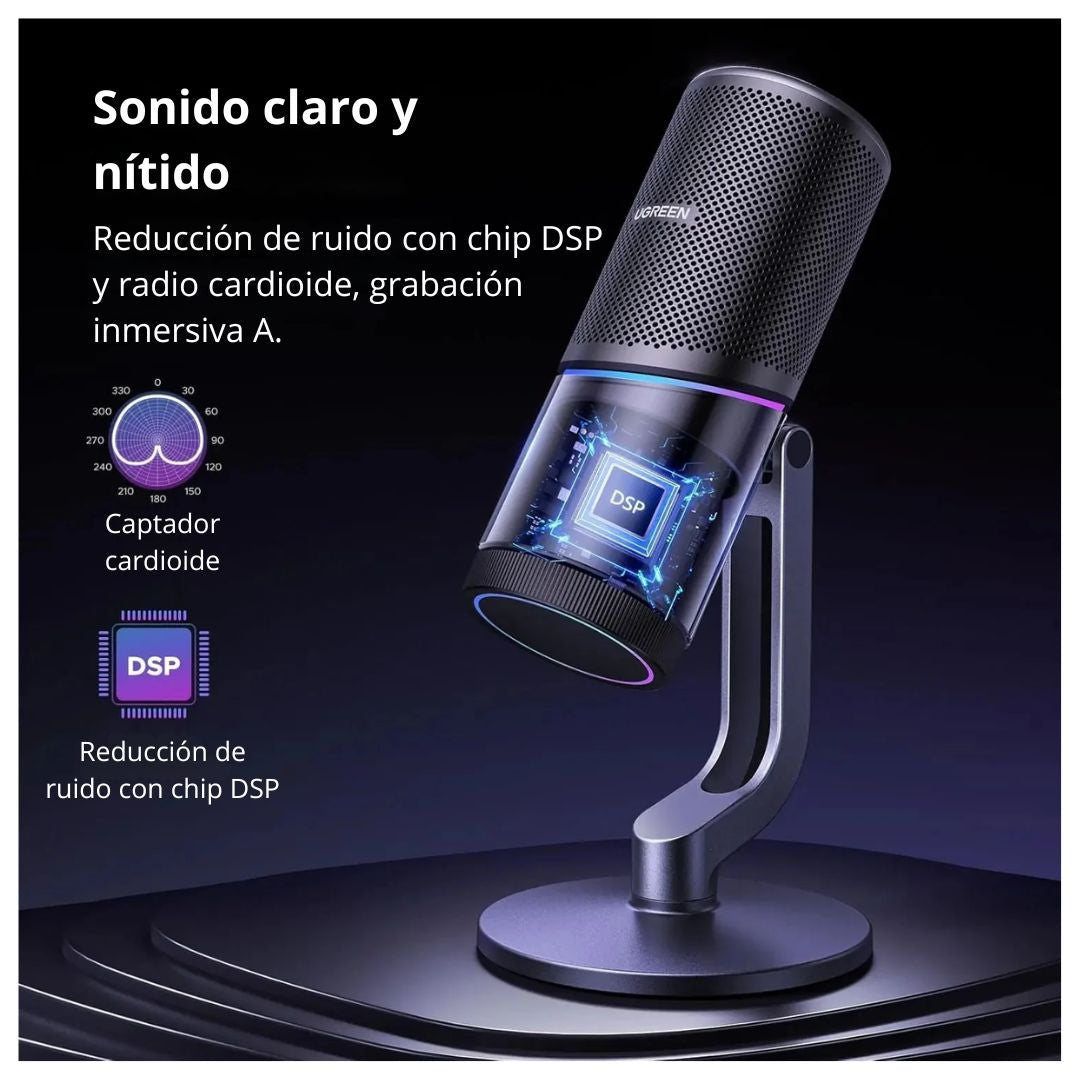 Micrófono Gamer USB UGREEN CM769 RGB Cardioide 24bit 96kHz para Streaming y Podcast